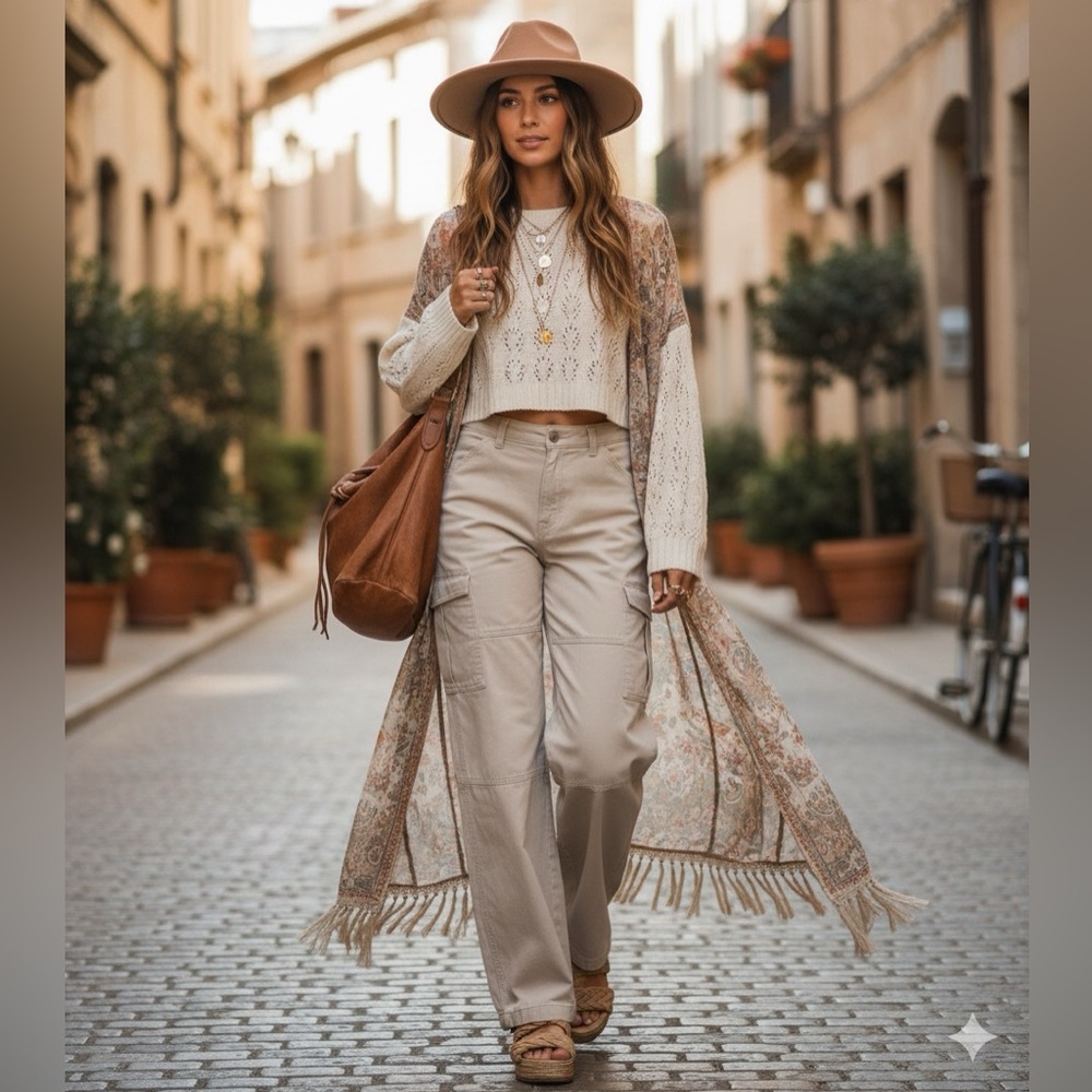 H&M Divided Beige Cargo Pants Wide Leg Utility Trousers US 8